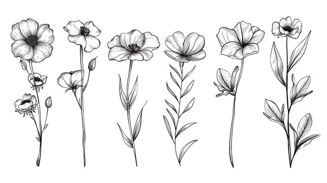 Set botanical flower doodle drawing hand drawn, black and white.