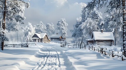 Gorgeous scene of snow covered wooden cottages in the winter