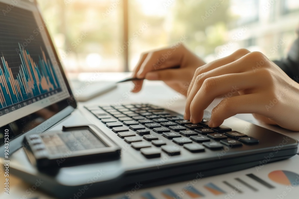 Wall mural accountant hand using calculator and laptop computer for calculating finance on desk office. busines