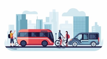 A city street with a bus, a bicycle, and a car