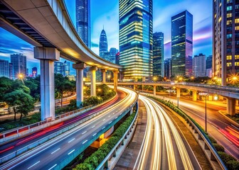 Fototapeta premium cars zoom past modern buildings under a sweeping bridge, with a maze of underground roads and twinkling city lights at dusk.