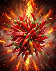 Chilli peppers isolated. Spicy chile cayenne pepper with abstract fog or steam mist cloud. Red hot chili paprika with tongue of fire flame on black background. Fresh spice vegetable concept