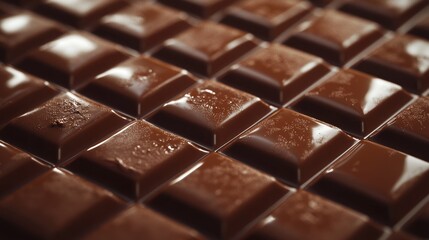 Close-up of a chocolate bar, showcasing the smooth, rich texture and individual squares.