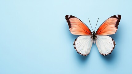 Obraz premium Stunning macro butterfly shot a beautiful close-up of a colorful butterfly perched against a soft blue backdrop. This image captures the delicate details of its wings and vibrant colors showcasing