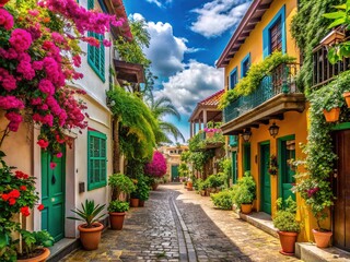 Fototapeta premium Charming island town scene featuring colorful buildings, quaint bars, and rustic houses along a narrow street lined with lush tropical greenery and vibrant blooms.