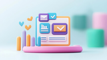 Obraz premium Colorful digital interface showcasing notifications, graphs, and messages, ideal for modern technology and communication themes.