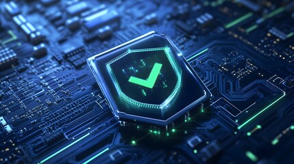 Digital security concept with a glowing shield icon on a circuit board, representing cybersecurity and data protection.