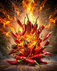 Chilli peppers isolated. Spicy chile cayenne pepper with abstract fog or steam mist cloud. Red hot chili paprika with tongue of fire flame on black background. Fresh spice vegetable concept