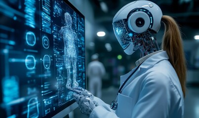 Healthcare and medicine, Medical technology, doctor using AI robots for diagnosis and medical research connecting with big data on virtual interface screen. Futuristic health technology, Generative AI