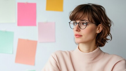 American professional woman, casually dressed, in a dynamic creative studio with art and design, demonstrating leadership and innovative thinking