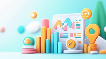 Obraz premium Vibrant 3D illustration of business analytics with colorful charts and metrics, ideal for modern digital marketing concepts.