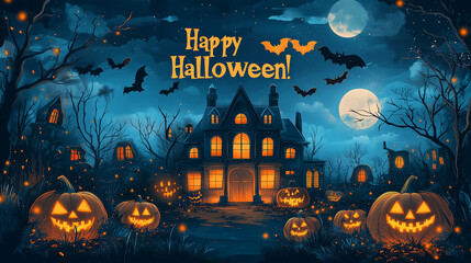 Halloween-themed greeting card designed in real style , featuring a spooky yet playful scene. The card includes elements like a jack-o'-lantern, a haunted house, bats, and a full moon, all set against