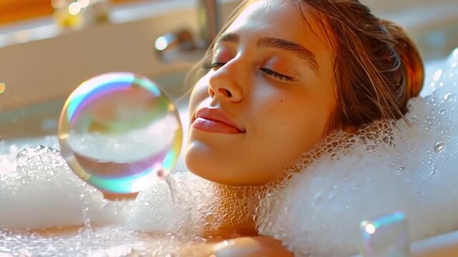 A young woman relaxing in a foam-filled bathtub, blowing bubbles with soap, enjoying herself. Idea for a tropical home spa