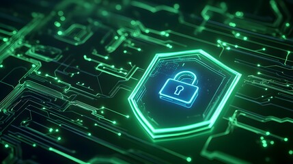 Digital security concept with green glowing lock and circuit board, representing cybersecurity and data protection technologies.