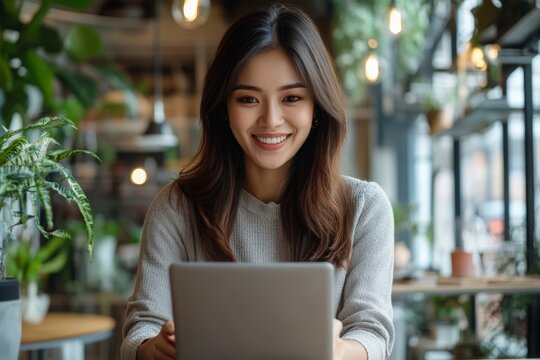 Cheerful young asian business woman working on laptop computer, online meeting and using mobile phone in office. Casual business woman, entrepreneur smiling during video calling via, Generative AI