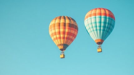 Naklejka premium Two colorful hot air balloons soar against a clear blue sky.