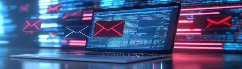 A laptop screen displaying email icons and data analytics, representing digital communication and technology in a modern workspace.