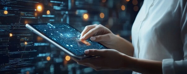 Data science, Business and Artificial Intelligence AI, Digital Technology. Software engineer working on digital tablet with computer code and big data, global internet network, software, Generative AI