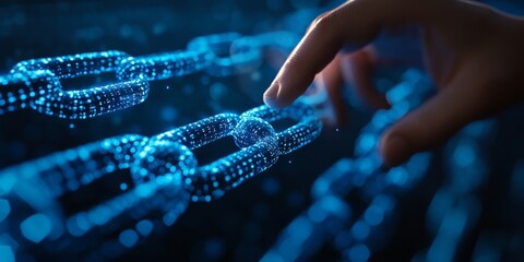 Blockchain technology concept, Businessman touching on virtual blockchain, futuristic global networking, data network connect, Internet security. Encrypted block and crypto, Generative AI