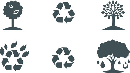 Fototapeta premium A simple vector icon set of ecology and nature symbols, including a recycling symbol, tree, water drop, and earth .icons in black and white style with isolated on white 