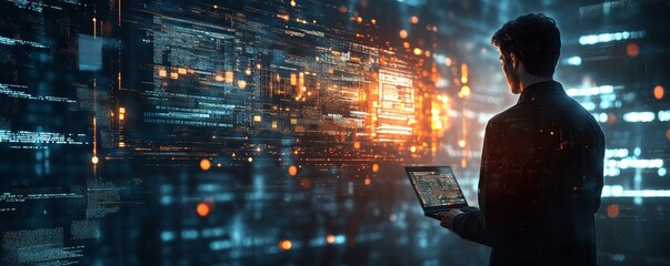 Digital technology concept. Man programmer working on laptop for big data management, computer code on futuristic virtual interface screen, data mining, digital software, Generative AI