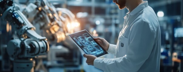 engineer in factory using digital tablet with automated robot arm machine learning operation, system control monitoring, business and smart industry 4.0 technology, AI Artificial, Generative AI