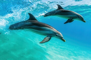 Fototapeta premium Lively dolphins swim, jump, and leap through the surf with vibrant energy.