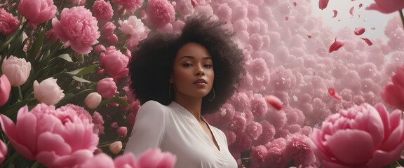 Afro Woman with Floating Petals: Hyper-Realistic Photography