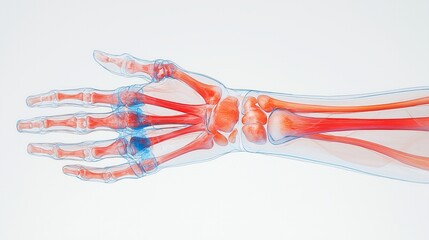 Anatomical illustration of a human hand, showcasing bones, muscles, and veins for educational and medical purposes.