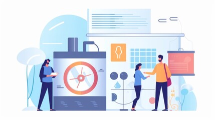 Fototapeta premium A group of people are standing around a machine with a clock on it