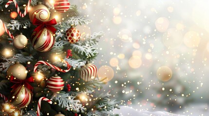 Christmas tree with ornaments glass transparent balls with candy cane on winter snowy background bright golden bokeh lights. Merry Christmas and Happy New Year festive gift card. Vector illustration