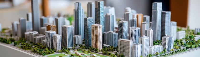 Fototapeta premium A detailed architectural model featuring a modern city skyline with skyscrapers and green spaces, ideal for urban planning.
