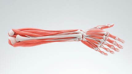 Detailed anatomical model of a human arm showcasing muscles and bones for educational and medical purposes.