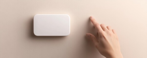 A hand reaching out to touch a sleek, white device against a soft beige wall, showcasing modern technology and minimalism.
