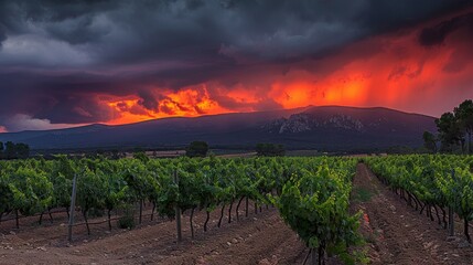 Breathtaking sunset over rural vineyards in secluded mountains, embodying the essence of twilight