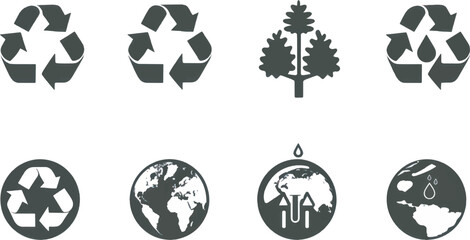 A simple vector icon set of ecology and nature symbols, including a recycling symbol, tree, water drop, and earth .icons in black and white style with isolated on white 