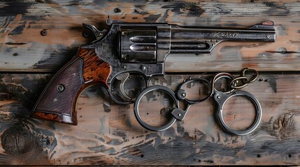 Handcuffs a judge hammer a gun on a wooden background criminal offense