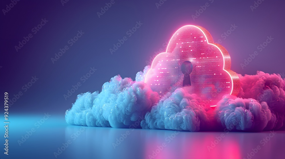 Poster futuristic digital cloud with neon lights and a keyhole, symbolizing secure cloud computing and data
