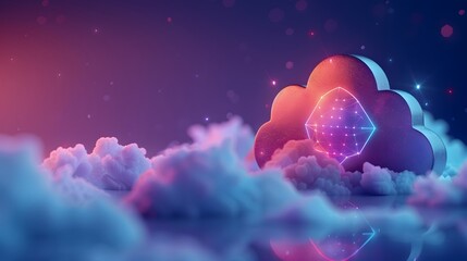 Futuristic digital cloud with glowing elements in a dreamy sky setting, representing cloud computing and digital data storage.