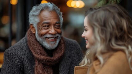 Fototapeta premium client with his caregiver talking at cafe having nice time together