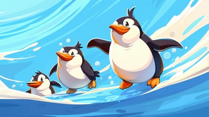 Obraz premium A cute baby penguin swims joyfully with its family underwater in this vibrant modern illustration full of textures and charm.