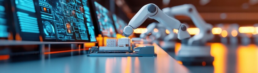 Obraz premium Advanced robotic arm working in a high-tech environment with digital screens, showcasing automation and modern technology.