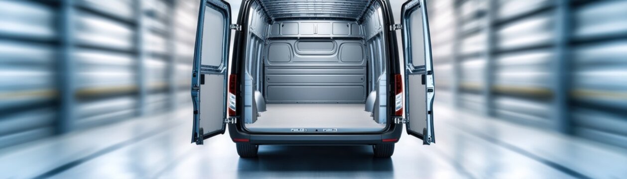An empty van interior showcasing spacious cargo area and open doors, ideal for transportation and moving purposes.