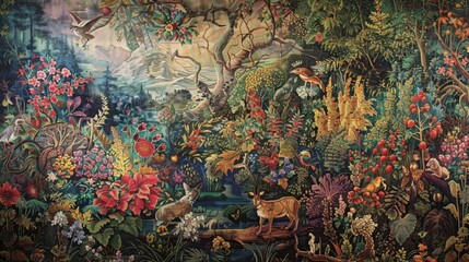 a large woven wall tapestry featuring a natureinspired scene with intricate details and vibrant colors