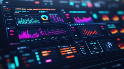 Obraz premium Vibrant data visualization on a modern interface, showcasing graphs, charts, and metrics for analytics or monitoring purposes.