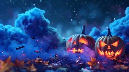 Naklejka premium Happy halloween party evidence with pumpkins and night clouds