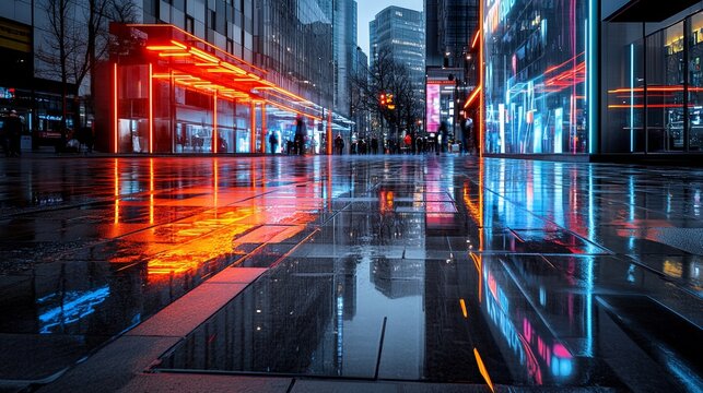 semi close-up of bright digital art installations on a city street during nighttime, vivid neon colors reflecting on the ground, urban environment with a futuristic atmosphere, focus on the interplay