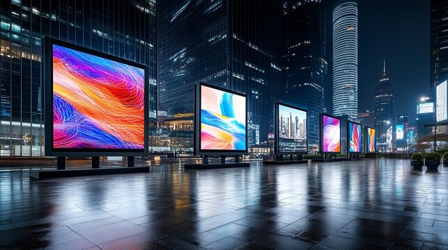 semi close-up of illuminated digital billboards with colorful abstract patterns in a cityscape at night, glowing reflections on the sidewalk, urban technology and artistic expression combined, focus