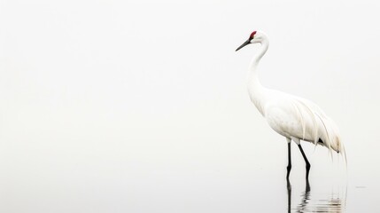 Obraz premium A white crane stands in shallow water with a white background.