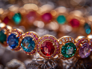 Naklejka premium 展示柜中摆放整齐的彩色宝石首饰